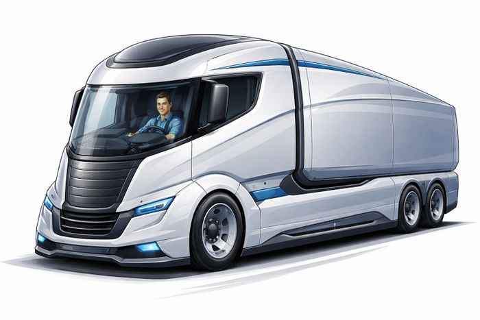 ein Designentwurf eines Bloglesers, in dem der Fahrer eines Lkw mittig im Lkw sitzt.