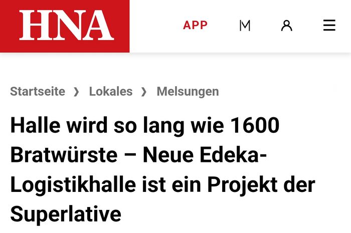 eine überschrift in der HNA: Halle wird so lang wie 1.600 Bratwürste