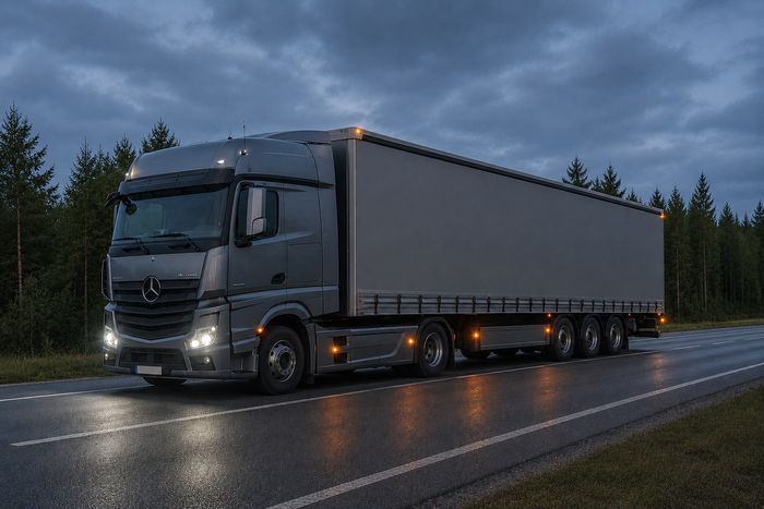 das bild zeigt einen lkw mit leuchtenden positionsleuchten