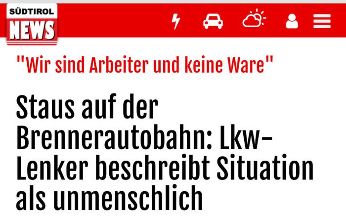Screenshot aus Südtirol News mit einem Bericht über einen Lkw Fahrer, der stundenlang im Stau auf der Brennerautobahn steht